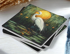 White Egret Coaster Set of 4, Nature-Inspired Heron Art Coasters, Golden Sunset Marsh Scene Ceramic Drink Coaster Set