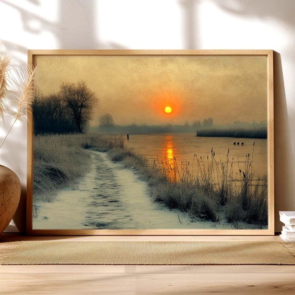 Winter Sunrise River Wall Art, Misty Morning Framed Canvas, Rustic Country Path Landscape Print, Nature Inspired Decor, Cozy Home Accent