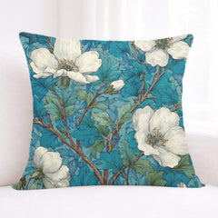White Magnolia Pillow, Teal Botanical Floral Throw Pillow, Vintage Garden Cushion, Elegant Nature Pillowcase, Classic Cottage Decor