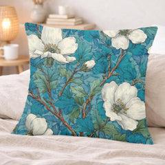 White Magnolia Pillow, Teal Botanical Floral Throw Pillow, Vintage Garden Cushion, Elegant Nature Pillowcase, Classic Cottage Decor