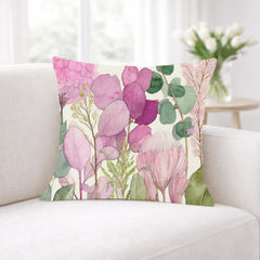 Pink Botanical Pillow, Soft Watercolor Floral Throw Pillow, Pastel Garden Nature Cushion, Cottage Bloom Pillowcase, Serene Home Decor