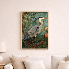 William Morris Botanical Bird Wall Art Print, Arts and Crafts Heron Canvas Decor, Vintage Bird Canvas Decor, Botanical Heron Wall Art Print