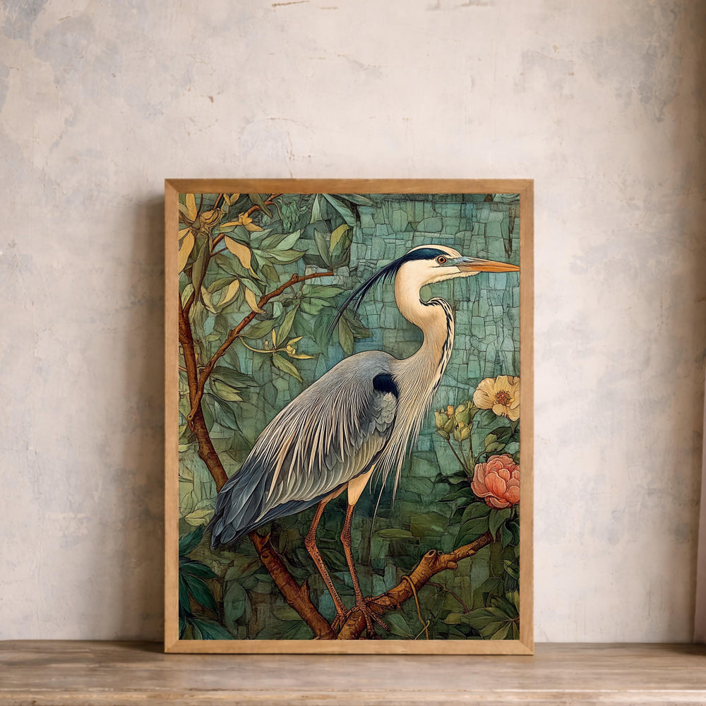 William Morris Botanical Bird Wall Art Print, Arts and Crafts Heron Canvas Decor, Vintage Bird Canvas Decor, Botanical Heron Wall Art Print