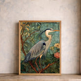 William Morris Botanical Bird Wall Art Print, Arts and Crafts Heron Canvas Decor, Vintage Bird Canvas Decor, Botanical Heron Wall Art Print