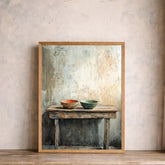 Neutral Kitchen Portrait, Rustic Still Life Wall Art Print, Minimal Farmhouse Canvas Decor, Vintage Table Artwork