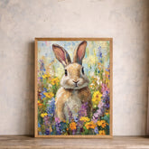 Floral Bunny Portrait Wall Art Print, Spring Meadow Canvas Decor, Cottage Nursery Portrait Artwork, Rabbit Artwork for Nursery Room Decor