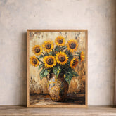 Sunflower Vase Portrait Wall Art Print, Rustic Botanical Canvas Art Decor, Farmhouse Portrait Artwork for Cozy Country Home Interior