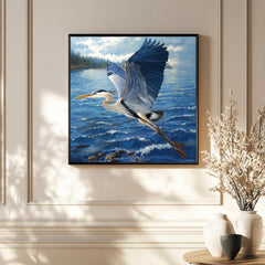 Soaring Heron Canvas Wall Art, Blue Coastal Bird Poster Print, Nature Inspired Poster, Framed Canvas for Coastal Beach House Decor