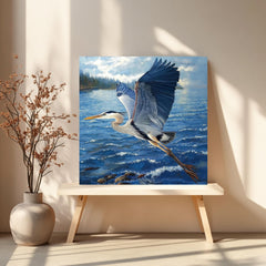 Soaring Heron Canvas Wall Art, Blue Coastal Bird Poster Print, Nature Inspired Poster, Framed Canvas for Coastal Beach House Decor
