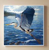 Soaring Heron Canvas Wall Art, Blue Coastal Bird Poster Print, Nature Inspired Poster, Framed Canvas for Coastal Beach House Decor