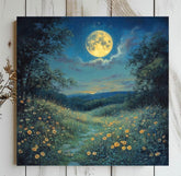 Moon Above Wildflowers Canvas Wall Art, Boho Wall Decor, Mystical Night Landscape Print, Nature-Inspired Home Decor