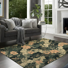 Dark Sage Floral Area Rug, Vintage Botanical Garden Floor Decor, Beige Peach Cottagecore Pattern Rug, Elegant Living Room Accent