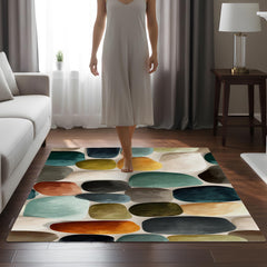 Modern Abstract Pebble Area Rug, Mid Century Geometric Carpet, Earth Tone Stone Pattern Floor Decor, Contemporary Living Room Accent Rug