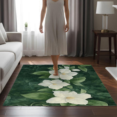 White Gardenia Area Rug, Dark Green Botanical Carpet, Elegant Floral Floor Decor, Nature Inspired Living Room Rug, Cottage Style Accent