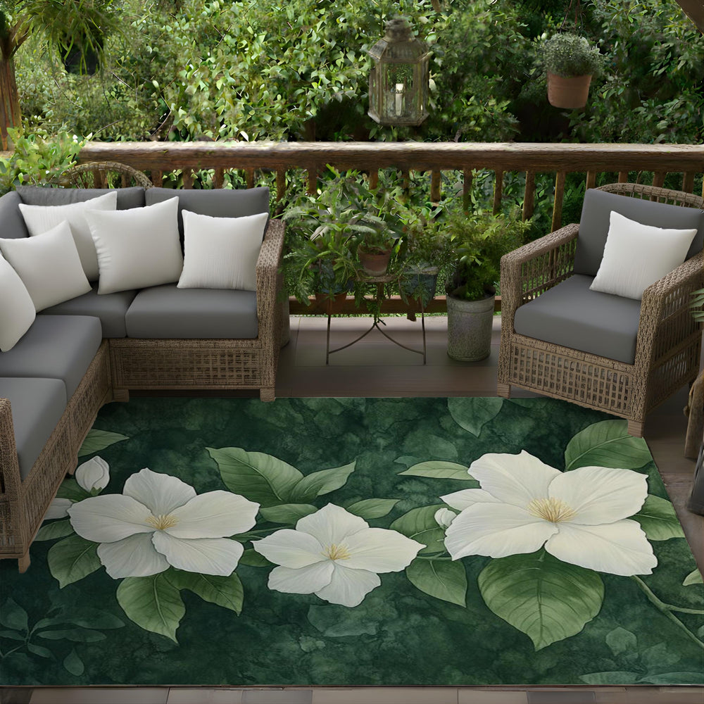 White Gardenia Area Rug, Dark Green Botanical Carpet, Elegant Floral Floor Decor, Nature Inspired Living Room Rug, Cottage Style Accent