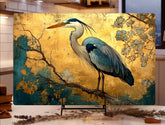 Golden Heron Glass Cutting Board, Blue Bird Metallic Style Kitchen Glass Counter Art, Elegant Nature Decor Tempered Glass Board Home Gift