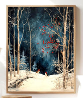 Winter Forest Birds Wooden Canvas Art, Red Berries Snow Scene Wall Print, Peaceful Christmas Woodland Decor