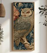 Vintage Style Owl Wall Art, Tall Vertical Framed Canvas, Ornate Woodland Bird Illustration, Dark Moody Decor