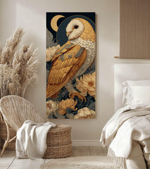 Golden Barn Owl Wall Art, Tall Vertical Framed Canvas, Celestial Bird Illustration, Elegant Nature Decor