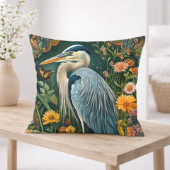 Heron Garden Pillow, Vintage Bird Art Cushion, William Morris Inspired Floral Throw Pillow, Botanical Pillowcase, Cottagecore Decor