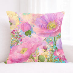 Pastel Poppy Garden Pillow, Vibrant Watercolor Floral Cushion, Botanical Throw Pillow, Whimsical Cottagecore Pillowcase, Cheerful Decor