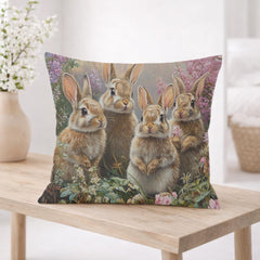 Spring Bunny Family Pillow, Cottage Garden Rabbits Cushion, Whimsical Woodland Throw Pillow, Farmhouse Animal Pillowcase, Spring Couch Decor