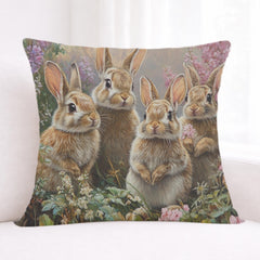 Spring Bunny Family Pillow, Cottage Garden Rabbits Cushion, Whimsical Woodland Throw Pillow, Farmhouse Animal Pillowcase, Spring Couch Decor