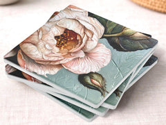 Vintage Rose Coaster Set of 4, Botanical Floral Decor, Soft Neutral Drink Coasters, Elegant Home Accent