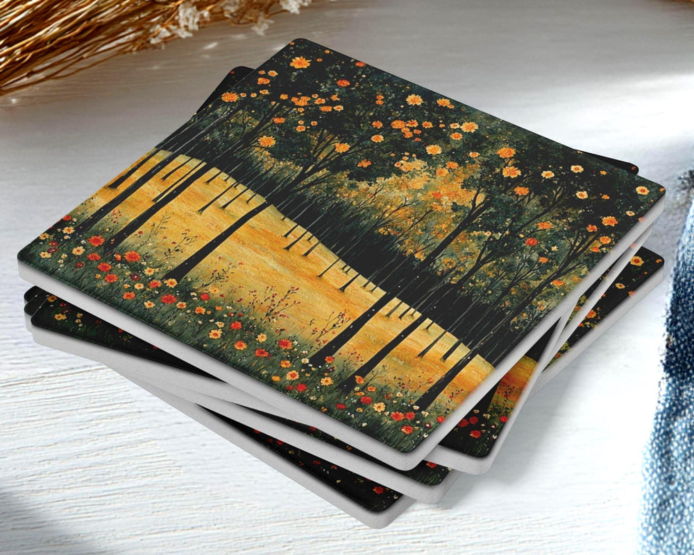 Autumn Forest Coaster Set of 4, Fall Trees and Flowers Art Coasters, Golden Meadow Landscape Ceramic Drink Coaster Set