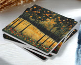 Autumn Forest Coaster Set of 4, Fall Trees and Flowers Art Coasters, Golden Meadow Landscape Ceramic Drink Coaster Set
