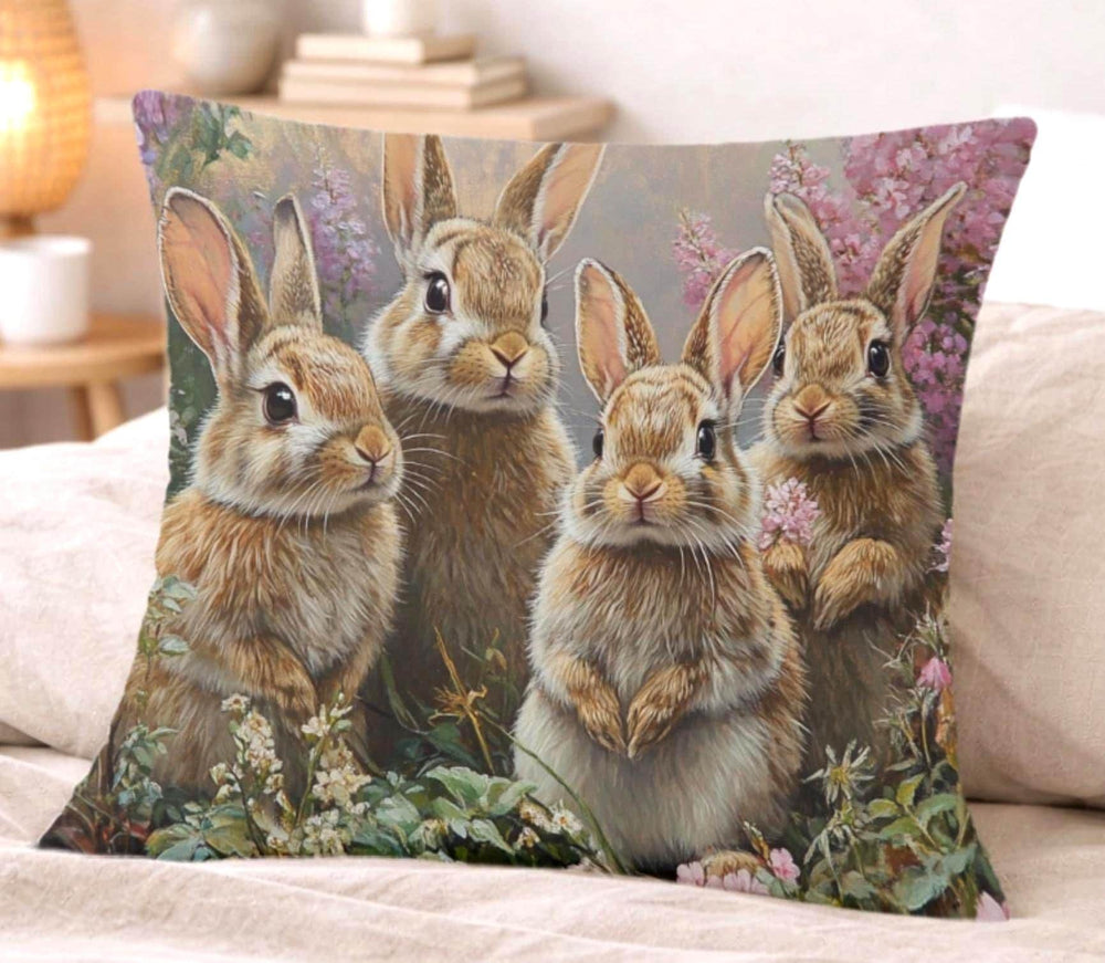 Spring Bunny Family Pillow, Cottage Garden Rabbits Cushion, Whimsical Woodland Throw Pillow, Farmhouse Animal Pillowcase, Spring Couch Decor