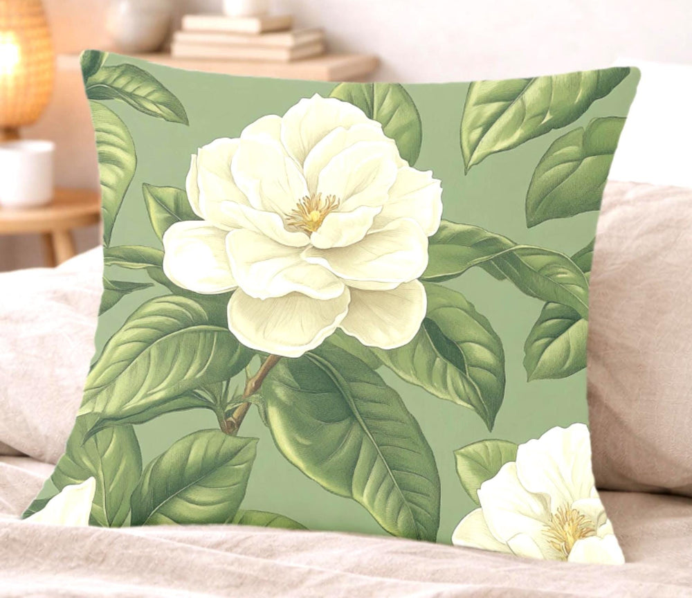 Sage Gardenia Decorative Pillow, Elegant White Floral Cushion, Botanical Green Throw Pillow, Classic Flower Pillowcase, Cottagecore Decor