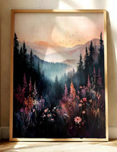 Moody Mountain Wall Art, Misty Forest Valley Canvas, Wildflower Landscape Print, Nature Wall Decor, Elegant Home Accent