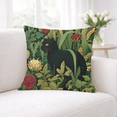 Black Cat Garden Pillow, Moody Botanical Floral Throw Pillow, Elegant Nature Cushion, Vintage Cat Pillowcase, Cottage Garden Decor