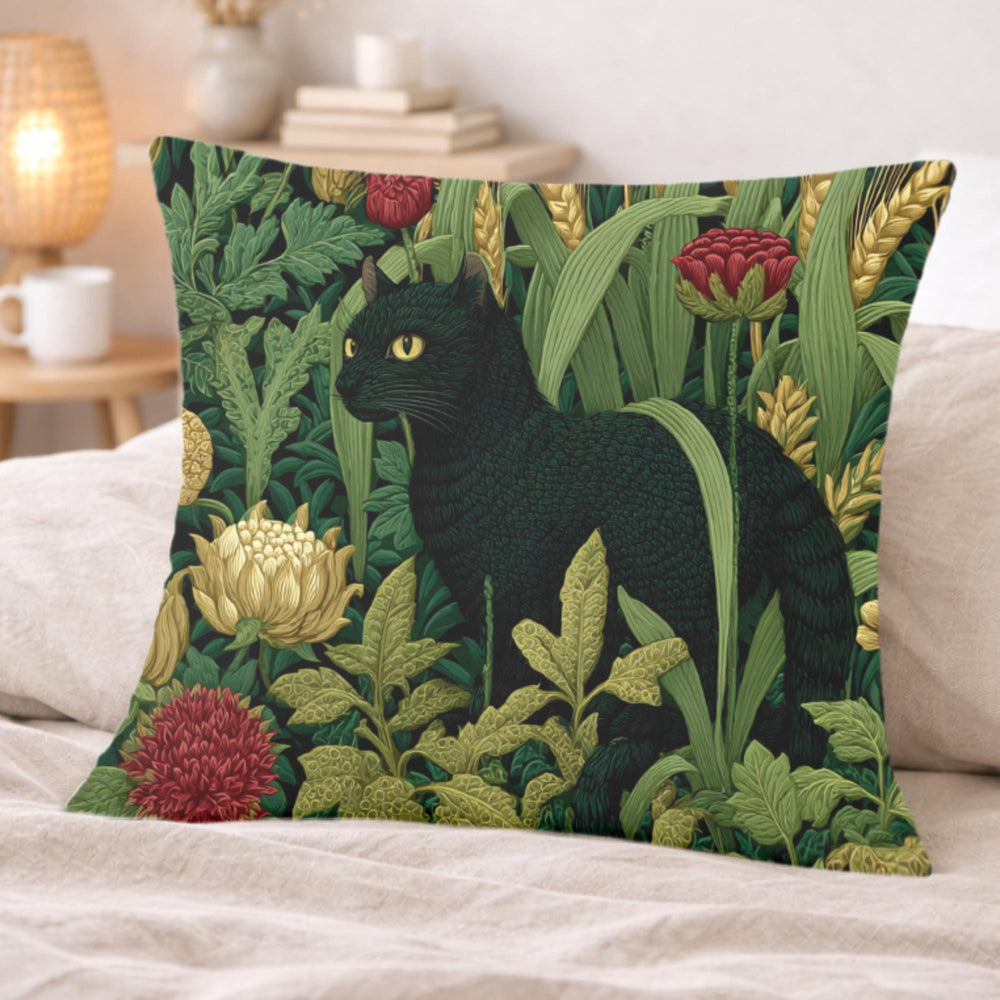 Black Cat Garden Pillow, Moody Botanical Floral Throw Pillow, Elegant Nature Cushion, Vintage Cat Pillowcase, Cottage Garden Decor