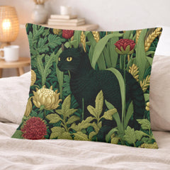 Black Cat Garden Pillow, Moody Botanical Floral Throw Pillow, Elegant Nature Cushion, Vintage Cat Pillowcase, Cottage Garden Decor