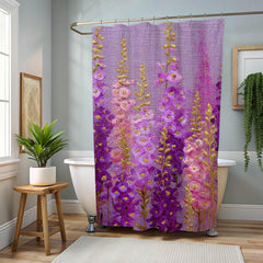Purple Meadow Flower Shower Curtain, Pink Fuschia Wildflower Bathroom Decor, Cottage Floral Bath Art