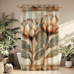 Neutral Rustic Flower Shower Curtain, Vintage Botanical Bathroom Decor, Earthy Bath Art