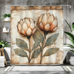 Neutral Rustic Flower Shower Curtain, Vintage Botanical Bathroom Decor, Earthy Bath Art