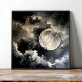 Full Moon Wall Art, Celestial Night Sky Print, Lunar Cloudscape Poster, Mystical Minimalist Home Decor, Black and White Framed Canvas