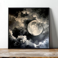 Full Moon Wall Art, Celestial Night Sky Print, Lunar Cloudscape Poster, Mystical Minimalist Home Decor, Black and White Framed Canvas