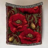 Crimson Poppy Woven Blanket, Vintage Botanical Tapestry, Red Floral Throw, Nature-Inspired Decor, Cozy Cottagecore Garden Gift Accent