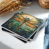 Stained Glass Look Dragonfly Coaster Set of 4, Nature-Inspired Boho Art Coasters, Ceramic Coaster Set Gift