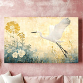 Egret Wooden Frame Canvas, Egret Bird Wall Art, Floral Meadow Print, Yellow Garden Scene, Flying Bird Artwork, Nature Inspired Home Decor