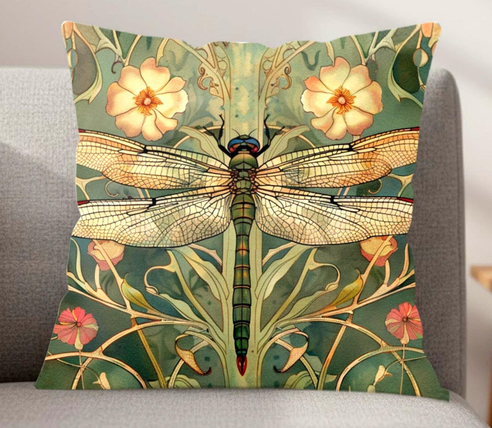 Golden Dragonfly Pillow, Art Nouveau Botanical Cushion, Vintage Nature Inspired Throw Pillow, Elegant Couch Accent, Garden Pillowcase Gift