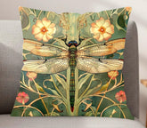 Golden Dragonfly Pillow, Art Nouveau Botanical Cushion, Vintage Nature Inspired Throw Pillow, Elegant Couch Accent, Garden Pillowcase Gift