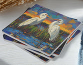 Impressionist Egret Coaster Set of 4, Abstract Coastal Bird Art Coasters, Bold Color Marsh Scene Ceramic Coaster Set