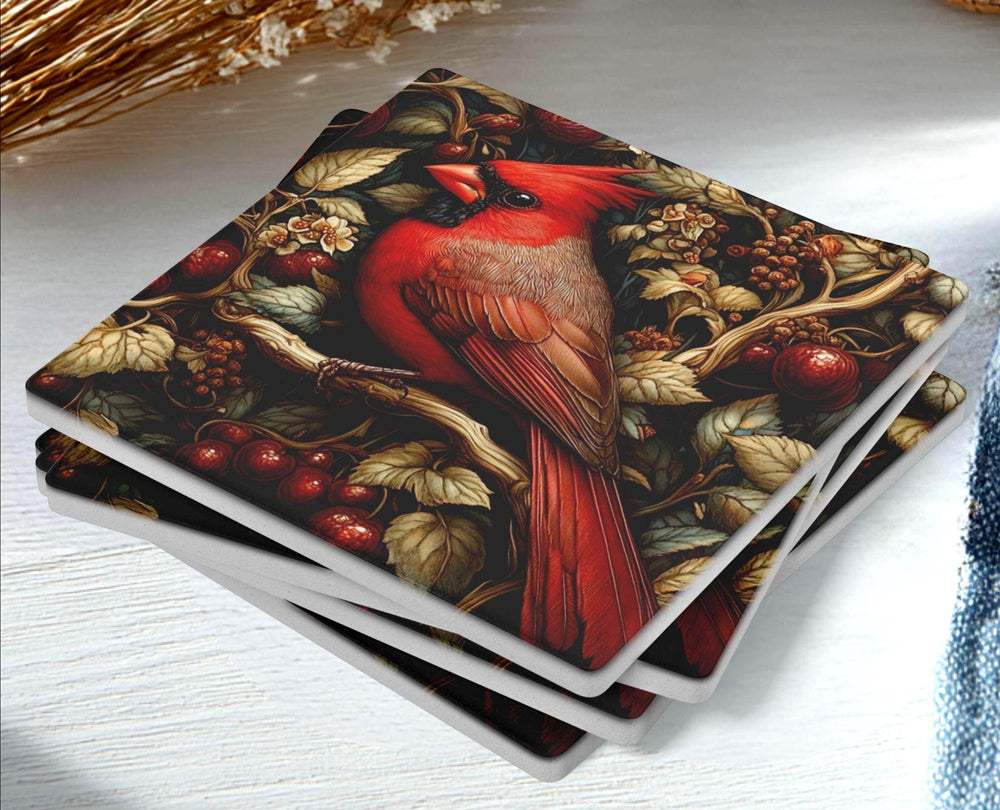 Red Cardinal Coaster Set of 4, Woodland Bird Art Coasters, Rustic Winter Berry Ceramic Drink Coaster Set