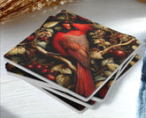 Red Cardinal Coaster Set of 4, Woodland Bird Art Coasters, Rustic Winter Berry Ceramic Drink Coaster Set