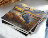 Blue Heron Coaster Set of 4, Coastal Bird Art Coasters, Marshland Sunset Landscape Ceramic Drink Coaster Set